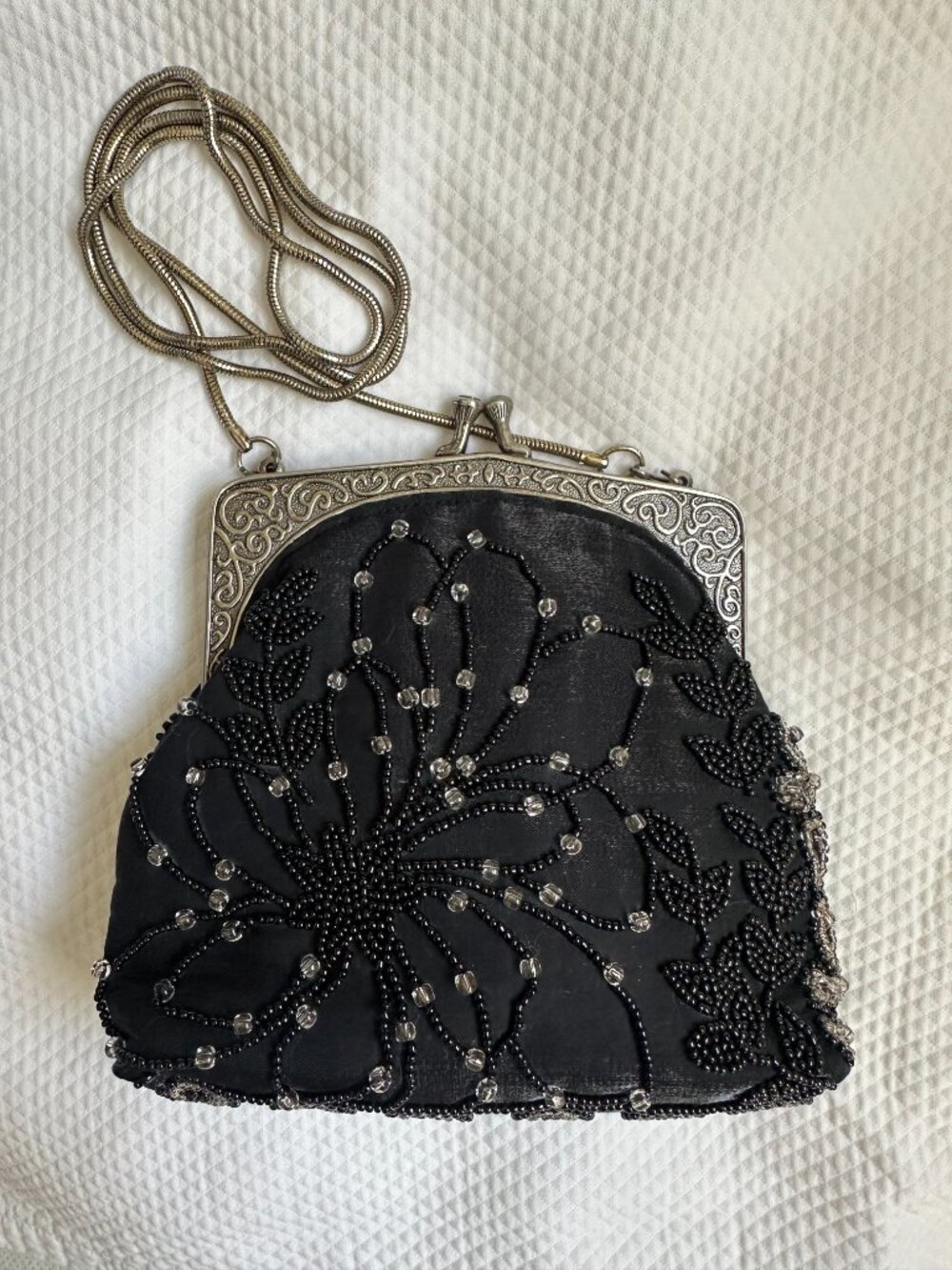 Vintage Valerie Stevens Black Beaded Silk Evening Bag with Mirror & Chain - Picture 2 of 8